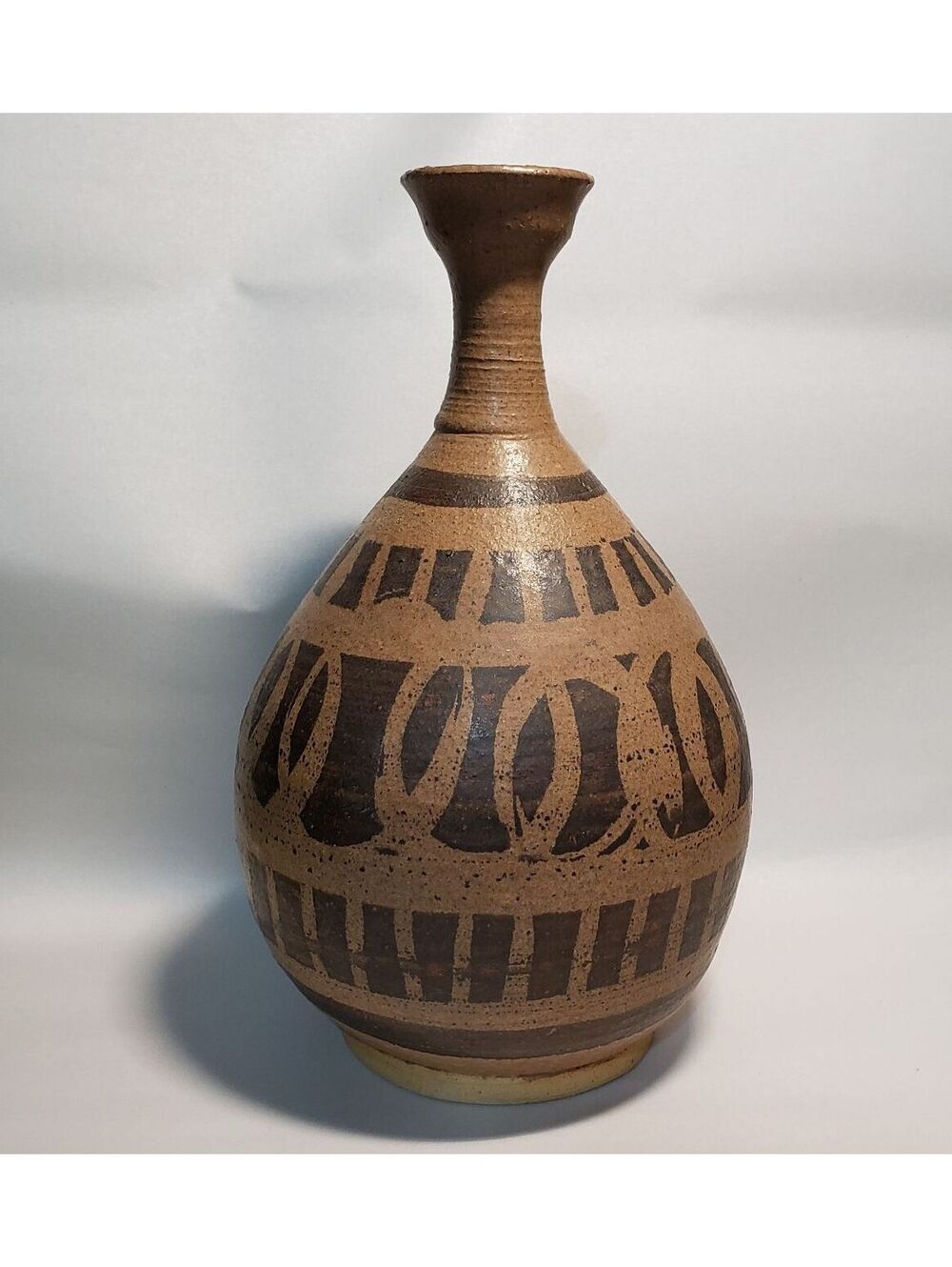 Artist Signed Art Pottery Vase Tall Narrow Neck Brown Pattern Glaze